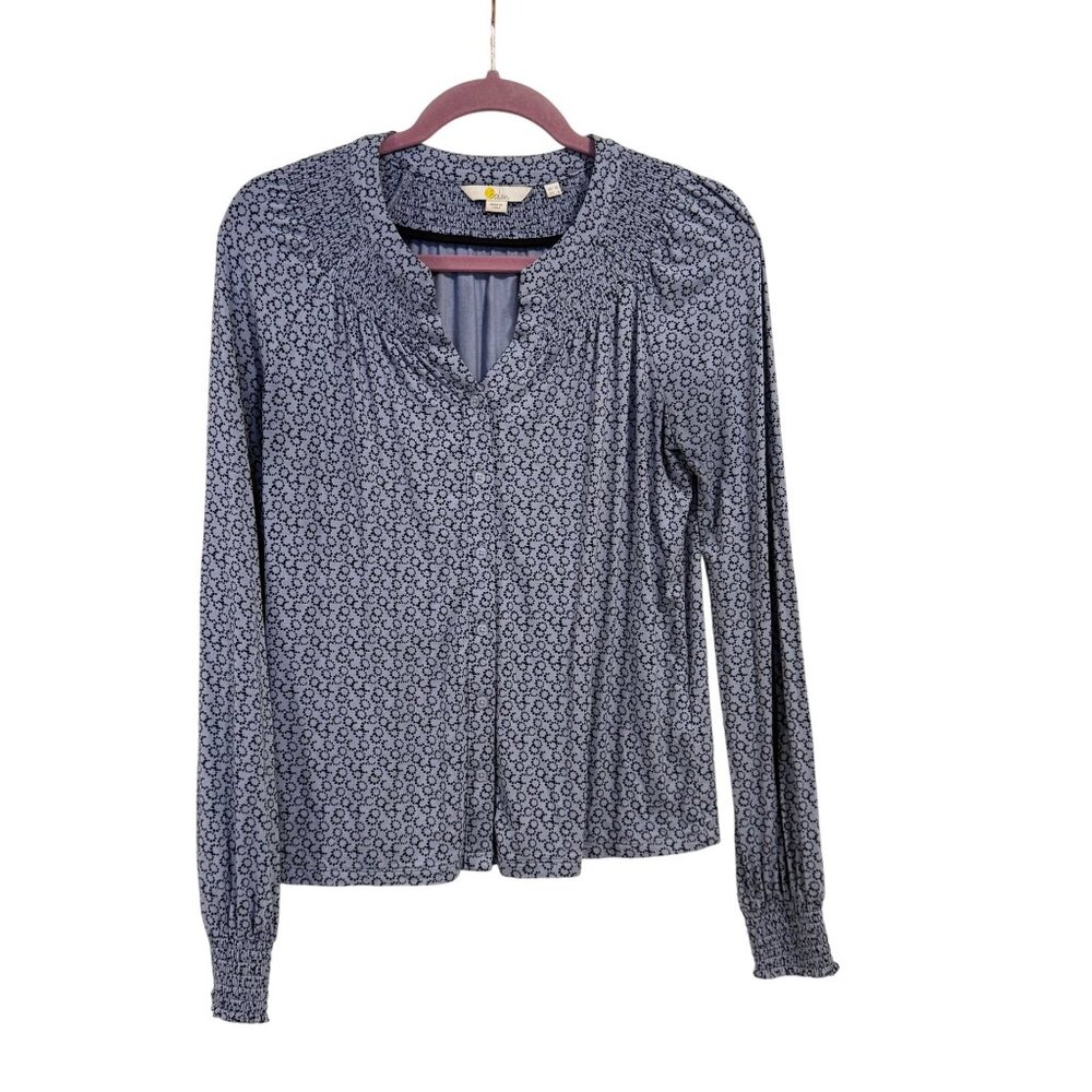 Boden Blue‎ Mini Floral V-Neck Button Up Smocked Detail Blouse Size 6